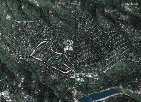 The city of Paradise before the Camp Fire on September 10, 2018, during the blaze on November 9, 2018, and half a year after it on June 12, 2019.