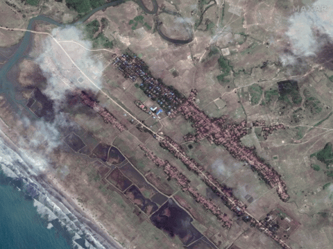 The village of Inn Din, which had a large Rohingya population, before Burmese forces pushed families out. The images span from May 15, 2017, through April 19, 2019.
