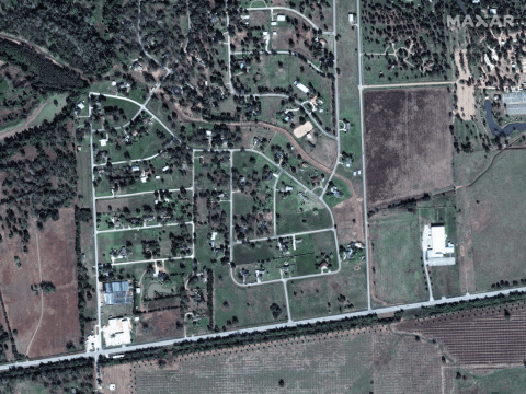 Simonton, Texas, before Hurricane Harvey on November 20, 2016, and after the storm on August 30, 2017.