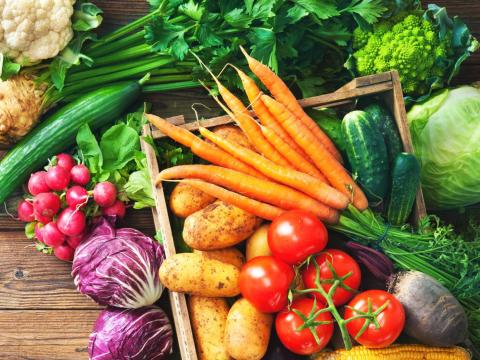 Multi-color veggies from greens and broccoli to sweet potatoes and carrot are encouraged on the DASH diet.