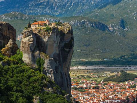 Even further removed is the complex of monasteries known as Meteora in Greece. They sit atop sandstone pillars. Even further removed is the complex of monasteries known as Meteora in Greece. They sit atop sandstone pillars.