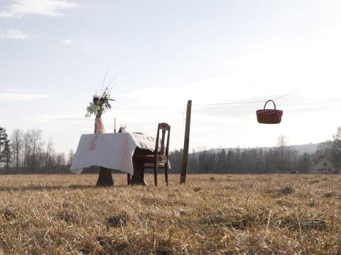 The restaurant consists of a single table and chair in a field in Värmland, Sweden.