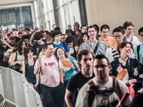 People waiting in a line.