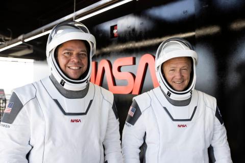 NASA astronauts Bob Behnken (left) and Doug Hurley wear their spacesuits during a dress rehearsal on May 23, 2020, ahead of NASA’s SpaceX Demo-2 mission to the International Space Station. NASA astronauts Bob Behnken (left) and Doug Hurley wear their spacesuits during a dress rehearsal on May 23, 2020, ahead of NASA’s SpaceX Demo-2 mission to the International Space Station.