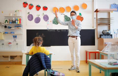 A teacher at a private school Nantes, France on May 12, 2020.
