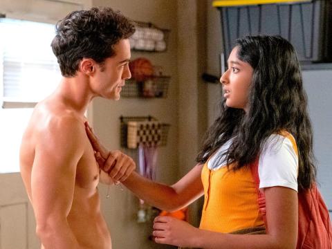 Darren Barnet and Maitreyi Ramakrishnan as Paxton and Devi in "Never Have I Ever."