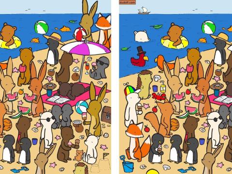 An artist sneaks hard-to-spot details into his brain-teasing illustrations. See if you can find the 7 differences between these beach party scenes. An artist sneaks hard-to-spot details into his brain-teasing illustrations. See if you can find the 7 differences between these beach party scenes.