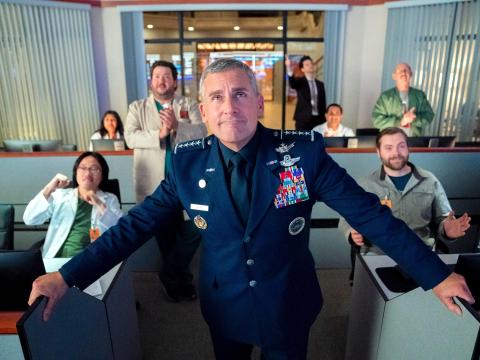Steve Carell, John Malkovich, Diana Silvers, Tawny Newsome, Ben Schwartz, and Lisa Kudrow costar in "Space Force."