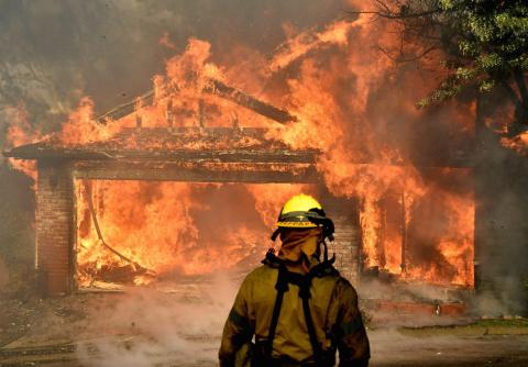 Firefighters battle to save one of many homes burning in an early-morning Creek Fire that broke out in the Kagel Canyon area in the San Fernando Valley north of Los Angeles, in Sylmar, California, U.S., December 5, 2017.
REUTERS/Gene Blevins
