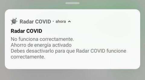 Notificación con un problema de RadarCOVID.