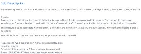 A screenshot of the description of the Michelin star chef job posting.