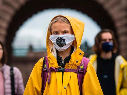 Swedish climate activist Greta Thunberg protests during a "Fridays for Future" protest in front of the Swedish Parliament Riksdagen in Stockholm on October 9, 2020.