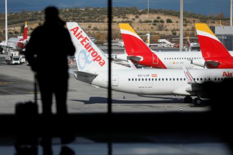 Iberia and Air Europa planes, parked at the Adolfo Suárez-Barajas Airport, in Madrid, in the midst of the coronavirus pandemic.