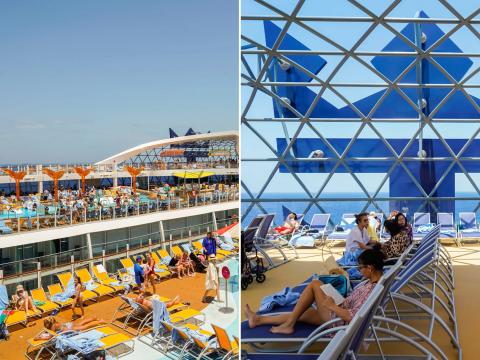 Side-by-side photos of packed pool chairs on the top deck of Wonder of the Seas cruise ship