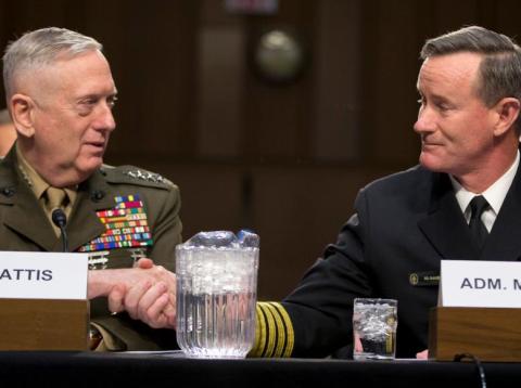 US Marine Corps Gen. James Mattis and US Navy Adm. William McRaven shake hands on Capitol Hill in Washington, March 5, 2013. US Marine Corps Gen. James Mattis and US Navy Adm. William McRaven shake hands on Capitol Hill in Washington, March 5, 2013.