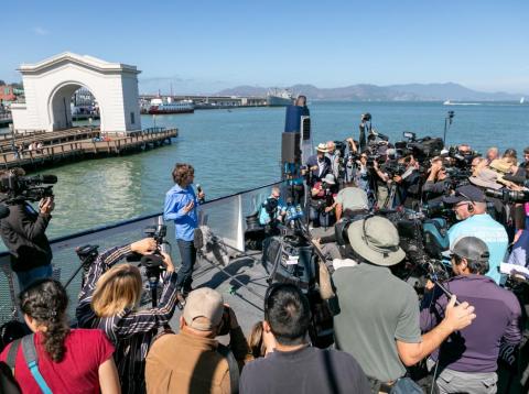 Boyan Slat talks to reporters before the Ocean Cleanup launches their first array. Boyan Slat talks to reporters before the Ocean Cleanup launches their first array.
