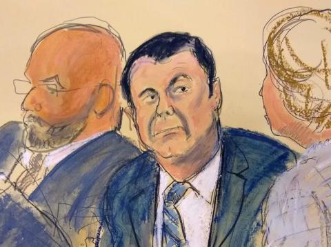 Joaquin "El Chapo" Guzman, center, sits next to his defense attorney Eduardo Balarezo, left, for opening statements in a courtroom sketch as his trial in the Brooklyn, New York, November 13, 2018. Joaquin "El Chapo" Guzman, center, sits next to his defense attorney Eduardo Balarezo, left, for opening statements in a courtroom sketch as his trial in the Brooklyn, New York, November 13, 2018.