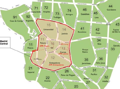 Mapa Madrid Central emisiones contaminacion restricciones trafico