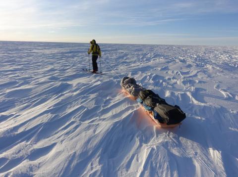 Colin O'Brady practiced for his trek by pulling heavy sleds in Greenland. Colin O'Brady practiced for his trek by pulling heavy sleds in Greenland.