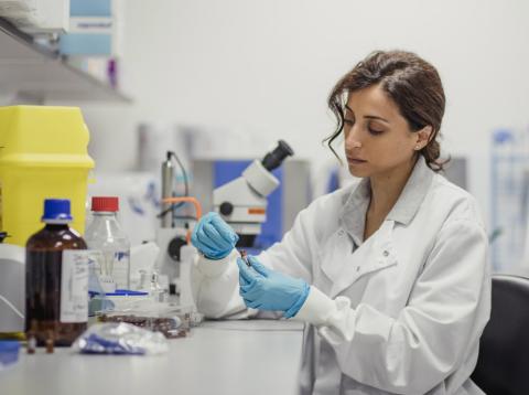 Una investigadora realiza un experimento en un laboratorio Una mujer científico investiga en su laboratorio