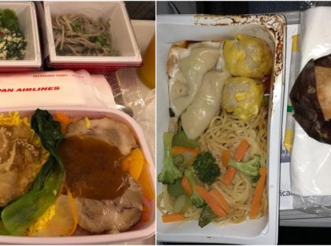 Economy food on one airline — like Japan Airlines, left — can be vastly different in standard compared to another — like American Airlines, right. Economy food on one airline — like Japan Airlines, left — can be vastly different in standard compared to another — like American Airlines, right.