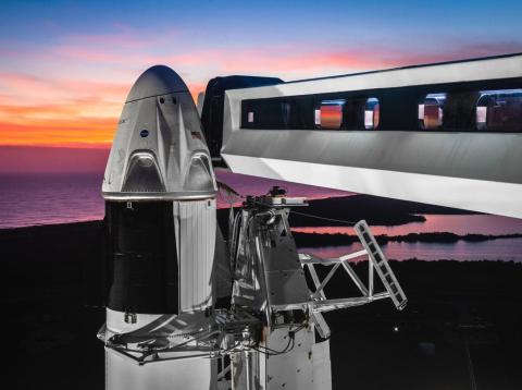 A view of SpaceX's Crew Dragon capsule atop a Falcon 9 rocket in Cape Canaveral, Florida. The spacecraft is part of NASA's Commercial Crew Program to launch astronauts into orbit from US soil. A view of SpaceX's Crew Dragon capsule atop a Falcon 9 rocket in Cape Canaveral, Florida. The spacecraft is part of NASA's Commercial Crew Program to launch astronauts into orbit from US soil.