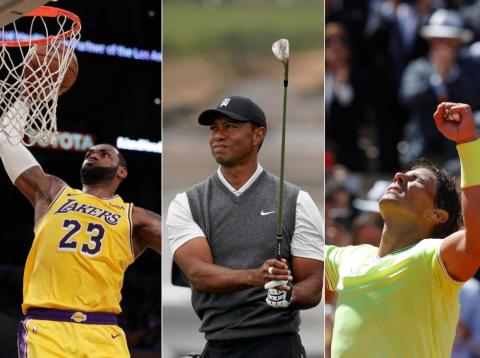 Lebron James, Tiger Woods, and Roger Federer. Lebron James, Tiger Woods, and Roger Federer.