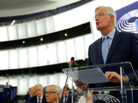 European Union's chief Brexit negotiator Michel Barnier addresses the plenary of the European Parliament on Britain's withdrawal from the European Union during a debate on Brexit at the European Parliament in Strasbourg, France, European Union's chief Brexit negotiator Michel Barnier addresses the plenary of the European Parliament on Britain's withdrawal from the European Union during a debate on Brexit at the European Parliament in Strasbourg, France,