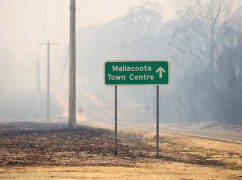 A general view of a road sign to Mallacoota, Victoria, Australia January 10, 2020. A general view of a road sign to Mallacoota, Victoria, Australia January 10, 2020.