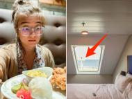 The author stares at food in a restaurant (L) an arrow pointing out the window of the stateroom