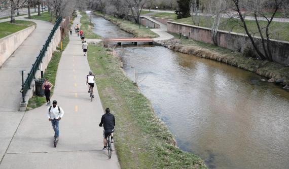 The path along Cherry Creek in Denver, Colorado as a statewide stay-at-home order remains in effect, Saturday, April 4, 2020.