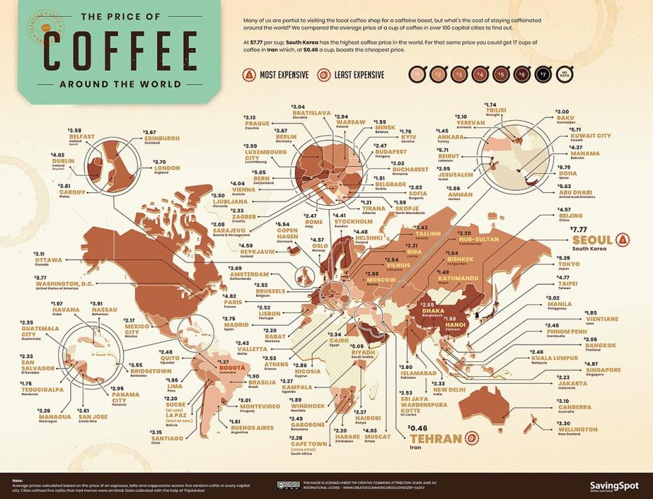 Este curioso mapa desvela cuánto vale un café en cada país del mundo